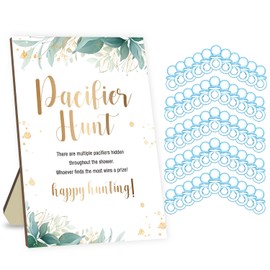 Baby Shower Pacifier Hunt Games, Baby Shower Party Games, Ice Breaker Baby Shower Pacifier Hunt Games Include Greenery Baby Pacifier Hunt Sign Board and 50Pcs Blue Mini Pacifiers