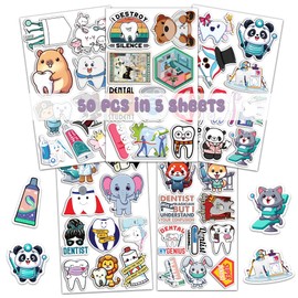 BIGZORO Pack 50 PCS Dentist Stickers Doctor Funny for Children Kids Teens Adults Vinyl Decals Waterproof Braces Tooth Shaped Graphics Decor Laptop Computer Water Bottle Scrapbook