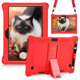 DETUOSI Case for YELLYOUTH 10.1 Tablet, Soft Silicone Lightweight Case Compatible with Dragon Touch Notepad K10, ZONKO 10.1, Beyond Tab 10.1, with Stylus Pen and Shoulder Strap, Red