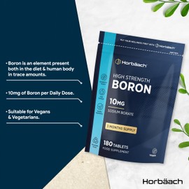Boron 10mg | High Strength Boron Supplement | 180 Vegan Tablets | Sodium Borate | for Men & Women | by Horbaach