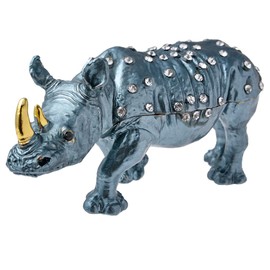 FJ FENGZHIJIE Golden Jeweled Enameled Rhinoceros Jewelry Box, Hand-Painted Hinged Rhino Trinket Box, Elegant Home Décor & Unique Gift for Animal Lovers