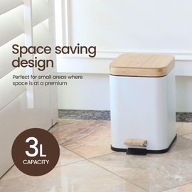 Eco Basics Rubbish Square Bin 3L, White - Compact Bin with Recycled Plastic, Bamboo Lid & Pedal, Soft Close Quiet Operation, Space-Saving Design for Toilets, Living Rooms, & Small Spaces, 24x22x16cm