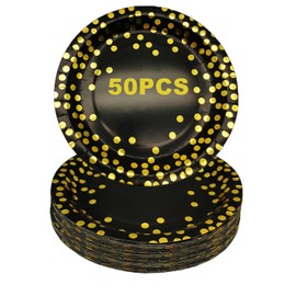 CEILIWEN Black and Gold Party Plates, 50 Pack 7 inch Party Tableware Dinnerware, Disposable Paper Plates, Party Supplies for Birthday Decorations, Pack of 50