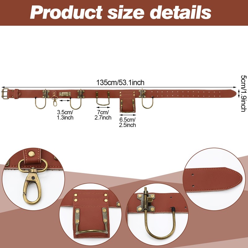 Sunnymove Adjustable Tool Belt with Hooks Heavy Duty Brown Leather