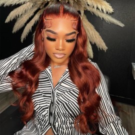 YOKADA HAIR 13x6 Deep Parting Lace Front Human Hair Wig Reddish Brown Color HD Transparent Lace Hair with Clean Hairline for Black Women 180% Density Hair (16inch, 13x6 lace front wig)