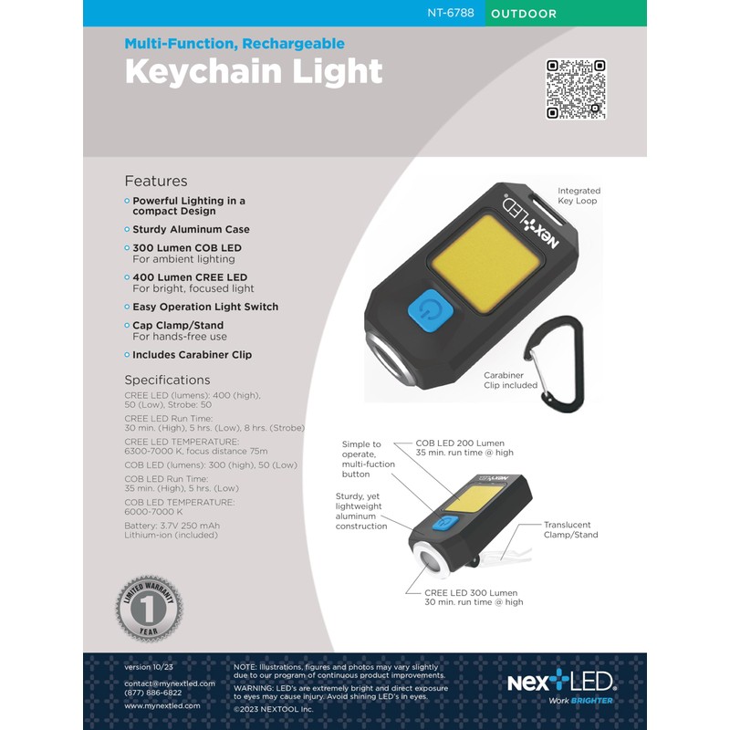 NextLED NT-6788 Heavy Duty Rechargeable Flashlight with Clip, Mini Keychain