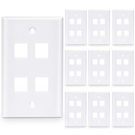 10-Pack 4 Port Keystone Wall Plate, Quad Gang White Jack Insert for Ethernet, Coax, HDMI – Standard Size WallPlate Cover for Home & Office