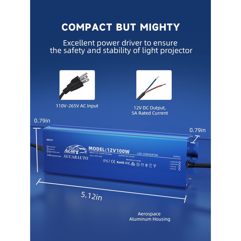 AUCARAUTO 12V LED Driver, 100 Watts Waterproof IP67 Low Voltage