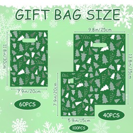 Jaywayang 200Pcs Green Christmas trees Plastic Merchandise Bags Boutique Shopping Retail Bags with Handles 3 Sizes Goodie Gift Bags Bulk for Christmas Holiday Family or Business Party Favor.
