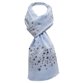 World of Shawls NEW GOLD Glitter Foil STAR Print Fashion Scarf (Baby Blue)