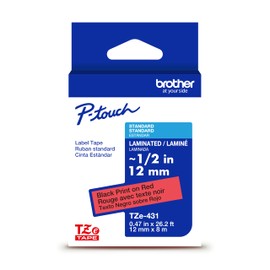 Brother Genuine P-Touch TZe Black Print on Red Label Tape (TZe431), Laminated,1/2in x 26.2ft (12mm x 8m), for Select P-Touch Label Makers, Durable, Water-Resistant, Indoor/Outdoor Use