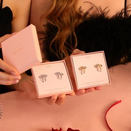 Meissa Bow Earrings for Women Girls 925 Sterling Silver Ribbon Knot Stud Earrings Trendy Cute Gold Bow Earrings Christmas Gifts, Gold