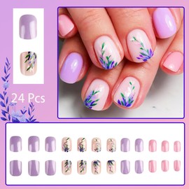 24 Pcs Short Press on Nails Square Flower Fake Nails with Designs Spring Summer Floral False Nails Full Cover Stick on Nails Reusable Acrylic Nails for Women Girl