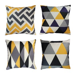 OYIMUA Set of 4 Decorative Cushion Covers Yellow and Grey 20x20 inches Linen Geometric Pillow Covers 50cm x 50cm Square Pillowcases for Outdoor Furniture Garden Living Room