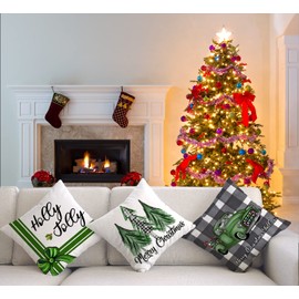 Artmag 18x18 Green Christmas Pillow Covers, Decorative Farmhouse Merry Christmas Tree Buffalo Plaid Truck Holly Jolly Christmas Outdoor Pillow Shams Cases Slipcovers Set of 4 for Couch Sofa