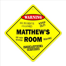 Matthew's Room Sign Crossing Zone Xing | Indoor/Outdoor | 14" Tall Plastic Sign Kids Bedroom Decor Door Children's Name boy Girl