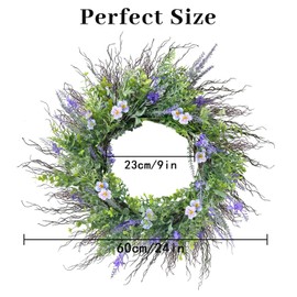 Beinhome 24 inch Spring Summer Wreath, Lavender Wreath for Front Door, Valentine's Day Wreaths Wedding Wreath Artificial Handmade Wreath with Green Leaves for for Outdoor Home Party Wall Window Porch