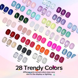 Modelones 32 PCS Summer Gel Nail Polish Set, 28 Colors Glitter Cat Eye Jelly Pearl Chameleon Gel Polish with Magnet, No Wipe Base Coat, Glitter & Glossy & Matte Top Coat Soak Off Nail Art Kit