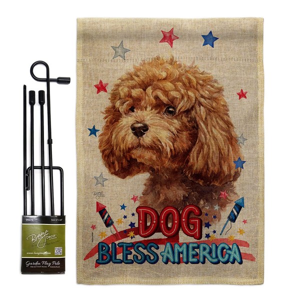 Patriotic Poodle Burlap Garden Flag Set with Stand Animals Dog