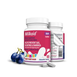 Milkaid Junior Lactase Enzyme Chewable Tablets for Lactose Intolerance | Prevents Gas, Bloating, Diarrhea in Children| Fast Acting Dairy Digestive Supplement for Kids| 60 ct (60 Tablets, Grape)