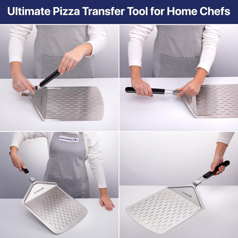 KitchenStar 12-inch Perforated Pizza Peel with Folding Handle - Stainless