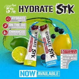 5% Nutrition Hydrate STK Hydration Stick Packets | Electrolyte Powder Packets with Coconut Water | 2-Pack | (Blueberry Lemonade + Lemon Lime)