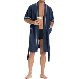 SIORO Waffle Knit Robe for Men, Short Lightweight Bathrobe with Kimono & Pockets, Short-Sleeves Summer Loungewear for Spa