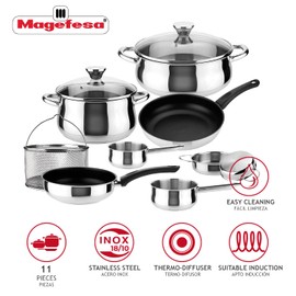 Cookware set MAGEFESA IDEAL 11 Piece, include 2 Stockpot, 2 Saucepan, 2 Mini deep sauté, 2 Skillet, Mesh strainer basket, Stainless Steel, Suitable for all types of kitchens INDUCTION Dishwasher safe