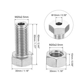 PATIKIL M20x50mm Hollow External Hexagon Screw, 1 Set Cylindrical Lamp Threading Socket Screws Through Hole Bolt with Nut 304 Stainless Steel