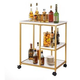 sogesfurniture Gold Bar Cart with 2 Shelves, Wine Glass Bottle Storage Bar Serving Cart with Wheels for Kitchen Living Room, Utility Bar Serving Cart Kitchen Island Rolling Cart on Wheel