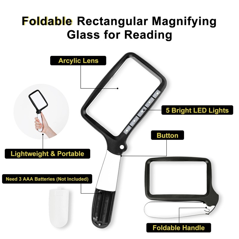 Arsir 3X Folding Magnifying Glass with Light, Retancular Lighted Magnifier