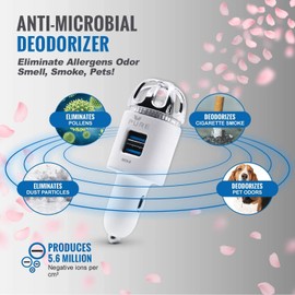 Car Air Purifier 3in1 Premium Stainless Steel HEPA Filter Ionizer w/Dual USB Quick Charge 3.0 USB-Eliminate Allergens Odor Smell, Smoke, Pets, Pollen Mold Bacteria w/Anti-Microbial Deodorizer (White)