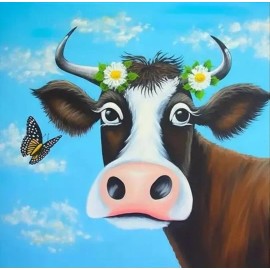 Unbranded 5D Diamond Painting Kit 20X20cm Cow with Daisy Wreath and Butterfly
