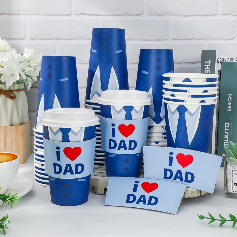 48 Set Father's Day Disposable Coffee Cups with Lids Sleeves