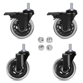 Hirate 3" Caster with 3/8"-16UNC Threaded Stem(2 Casters with Brake Lock), 4 Pack Swivel Stem Casters with Nylon Lock Nuts for Carts Furniture Trolley DIY Stands