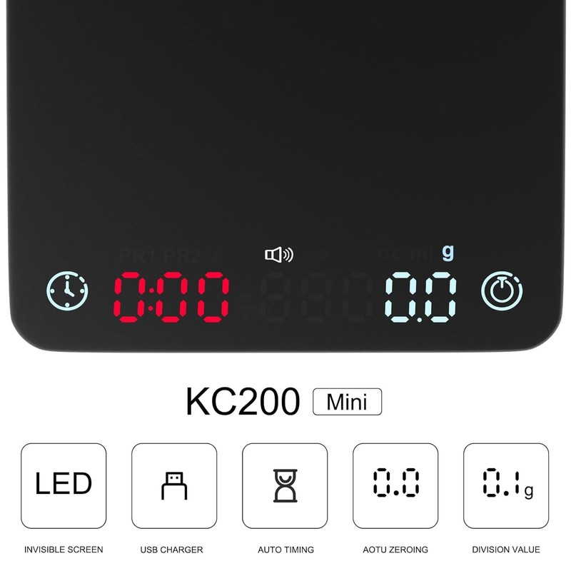 HUAJUN Mini-Kaffeewaage mit Timer und USB-Ladegerät, 2 kg/0,1 g, Espressowaage,