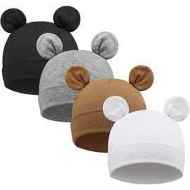 DRESHOW 4 Pieces, Unisex Hat, Boy’s Hat, Spring Hat, Toddler Reversible Hat, Jersey Slouch Beanie, Clothing, Unisex, Infant Hat, Nursery Hat, 4 pack bear ears: khaki, black, grey, white