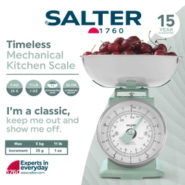 Salter Salter SA00562SFEU12 Timeless Mechanical Kitchen Scale C Baking Scale with 5 kg Capacity, 1 Litre Dishwasher Safe Bowl, Analogue Food Scale, Classic Design, Easy Read Large Dial, 22cm Height, Sage