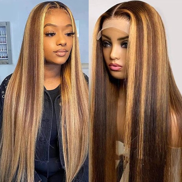 Ombre 4/27 Highlight 13 x 6 T Part Lace Front Straight Wigs Human Hair 150% Denisty Msgem 45.7 cm Straight Deep Part Hair HD Lace Wigs Brazilian Virgin Hair Pre Plucked with Baby Hair for Black Women