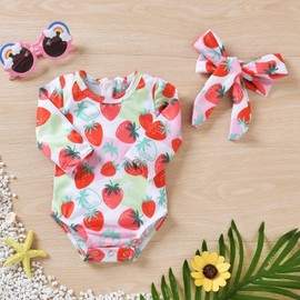 Aalizzwell Infant Baby Girls One Piece Long Sleeve Swimsuit Strawberry Bathing Suit Swimwear Beach Wear 3-6 Months