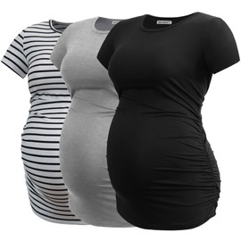 Smallshow Women's Maternity Shirt Side Ruched Tunic Pregnancy Top Clothes 3-Pack Black/Light Grey/White Stripe Small