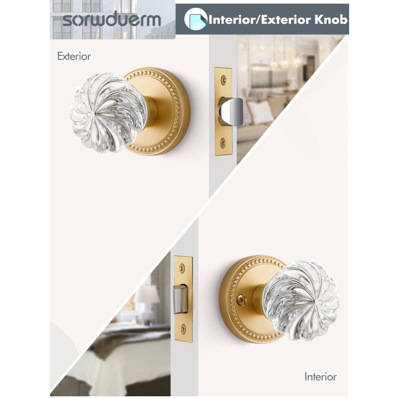 SORWDUERM 1 Pack Crystal Door Knobs Gold Door Knob Brushed