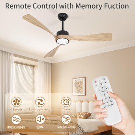 Ceiling Fan with Lights,52 Inch Wood Ceiling Fans with Remote Control,Dimmable Light,3 CCT,6 Speeds,Noiseless DC Motor,2 downrod,Ceiling Fan for Bedroom,Living Room,Office,Indoor,Natural Wood Grain