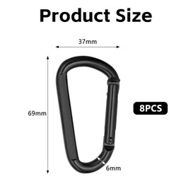 KOOLEVER 8 PCS Black Carabiner Clips 69mm, Spring Snap Hook, D Shape Aluminum Heavy Duty Carabiner Clips, for Keychain, Hammocks, Camping, Fishing, Swings and Hiking etc