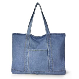 Hoxis Casual Denim Tote Bag with Zipper, A4 Large Capacity, Foldable, Ultra Lightweight Eco Bag, blue (light)