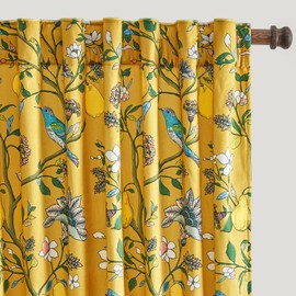 MUSSEL Velvet Whimsical Floral Curtains 72 inches Long,Mustard Yellow Luxury Botanical Room Darkening Curtain Drapes,2 Panels Mid Century Hummingbird Art Deco Window Curtains for Living Room Bedroom