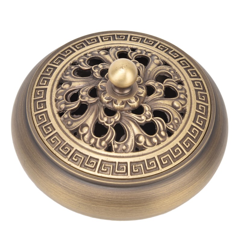 Antique Incense Burner Brass Holder with Lid Fireproof Cotton Interior