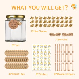 6 oz Honey Jars with Dipper, 30 Pack Hexagon Honey Jar for Baby Shower, Empty Glass Jars for Wedding Favors and Party Favors