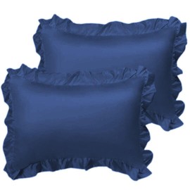 Pure Silk Satin Pillows with Fringe (Set of 2) Navy 33 x 22