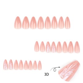 CEWEWP French Tip Press on Nails Almond Medium Nude Pink Fake Nails 3D Sea Shell & Pearl Nail Charms False Nails Glitter Artificial Glossy Full Cover Spring Summer Acrylic Nails for Women Girls 24 Pcs